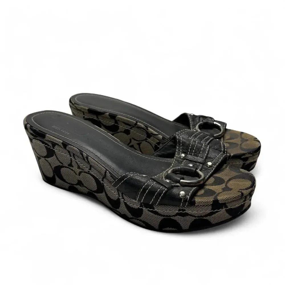 Coach Janessa sig wedge sandals with black and beige monogram pattern size 7.5